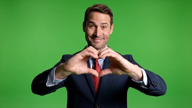 A happy male professional in a business suit makes a heart gesture with his hands on a green screen. He smiles, showing affection and positive emotion, ideal for various projects.