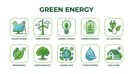 Fototapeta premium Green Energy Symbols with Solar Wind Battery Charging and Eco Living Themes