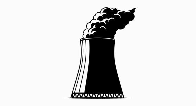 Industrial Silhouette: A stark black and white depiction of an industrial cooling tower, expelling a cloud of smoke, symbolizes industrial activity and environmental awareness.