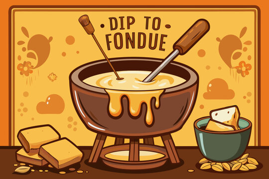 Fondue, cheese fondue set, dipping to fondue, melted cheese, fondue pot, food illustration