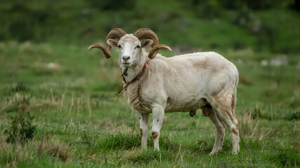 Obraz premium White ram standing in green grassy field with large curved horns and red collar outdoors