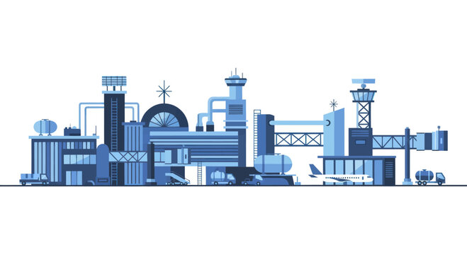 Modern Airport Terminal Building with Control Towers and Airplanes.