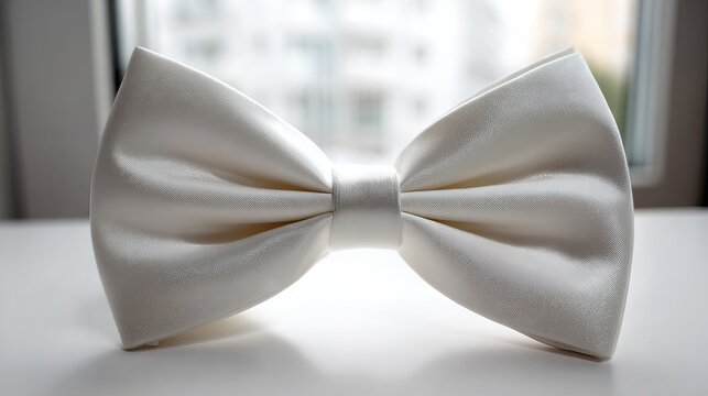 A white bow tie sitting on a table in front of a window
