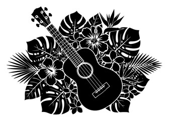 Ukulele with tropical hibiscus flowers and monstera leaves, aloha Hawaii floral music design © Luka