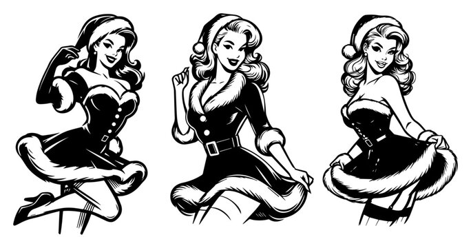 Sexy Santa girl pin-up silhouette set, beautiful women in Christmas outfits for holiday party and winter design