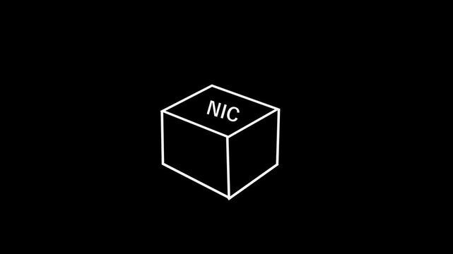 Minimalist white cube with the letter nic displayed on its surface in a dark background. Cube design concept for branding visuals. Cube design clean shape for logo presentation.