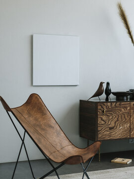 Canvas mockup in living room interior, loft, industrial style, 3d render