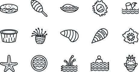 Beach including seashells, starfish, and tropical plants, in black line on white background, line black and white © GT Designs