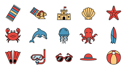 Beach including sea creatures, beachwear, and accessories, on a white background, crab starfish shell © GT Designs