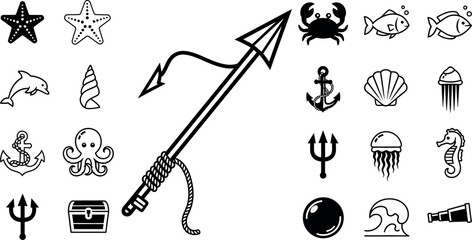 Black and white ocean including a large harpoon, sea creatures, and treasure symbols underwater spear © GT Designs