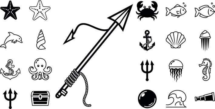 Black and white ocean including a large harpoon, sea creatures, and treasure symbols underwater spear