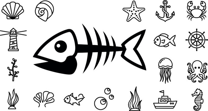 Black and white sea set, featuring a large fish skeleton surrounded by ocean symbols nautical marine life