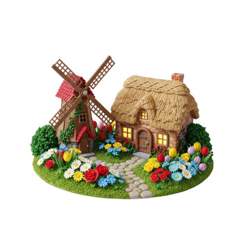 Miniature fairy garden cottage with windmill and colorful flowers.