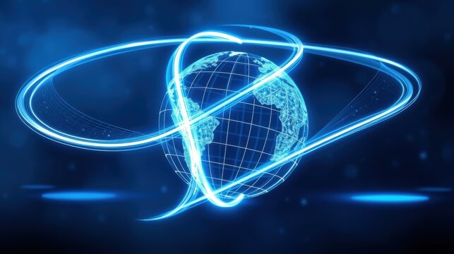 Glowing globe encircled by bright energy rings. Digital world concept, futuristic design, technology illustration. Blue hues dominate image.
