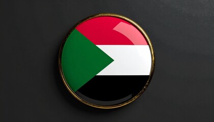 Naklejka premium Sudanese emblem glows with heritage; red sacrifice, white peace, black resilience, green vitality, golden border framing unity, strength, and cultural empowerment across history and collective vision.