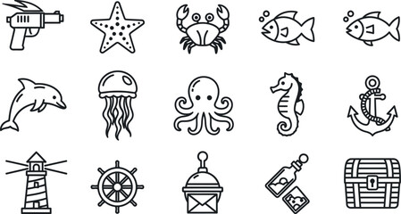 Fototapeta premium Nautical including sea creatures, anchors, and treasure, in black line on white background, line black and white