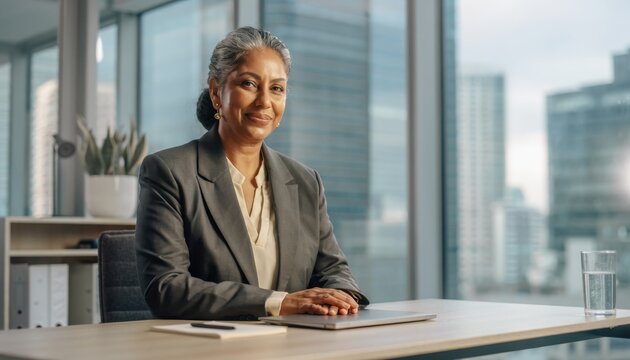 Confident Businesswoman in Office: A poised and experienced businesswoman exudes confidence as she sits at her desk, with a backdrop of a modern cityscape, representing ambition and success.