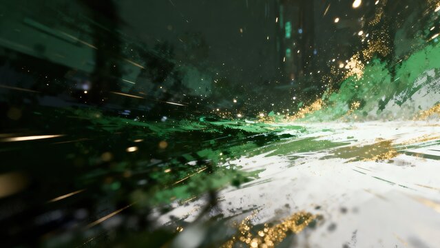 Master-Level Composition with Green White Gold Gradient and Tiny Particles, Flowing Light and Shadow Diffusion, Abstract Surreal Aesthetics, Dynamic Blur and Film Grain, 64K Dark Tone Art Illustration