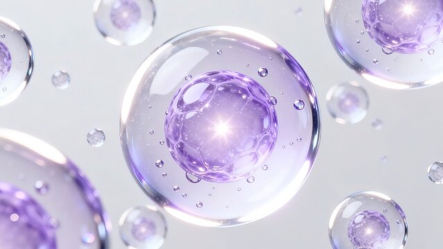 Luxurious Cosmetic Ingredient Poster, Microscopic Translucent Spherical Cell with Purple-White Gradient and Shiny Particles, Redshift Render on Light Gray Background
