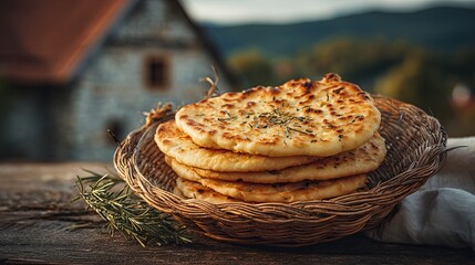 Obraz premium A stack of freshly baked flatbreads in a wicker basket on a rustic wooden table with a blurred background of a countryside house and mountains.