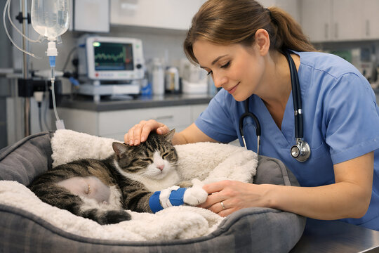 Veterinarian gently checking recovering cat resting in clinic bed after surgery, modern veterinary hospital interior, pet healthcare and recovery concept, realistic medical scene, commercial stock ima