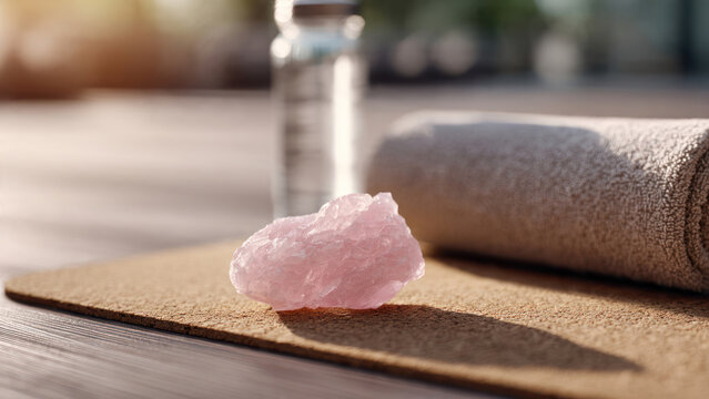 Close-up low angle of a raw rose quartz crystal on a cork yoga mat, plastic water bottle with blue logo and folded gray towel blurred in background, serene yoga studio interior with large windows, sof