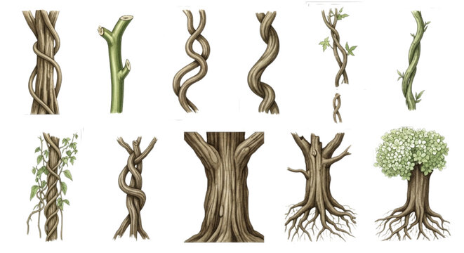 Detailed Pixel Art Collection of Varied Tree Trunks, Twisted Branches, and Lush Jungle Vines with Roots for Game Design