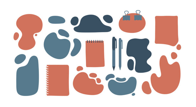 Abstract shapes and stationery elements in terracotta and blue.