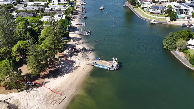 Aerial View of Beach Nourishment and Dredging Barge on Gold Coast River
