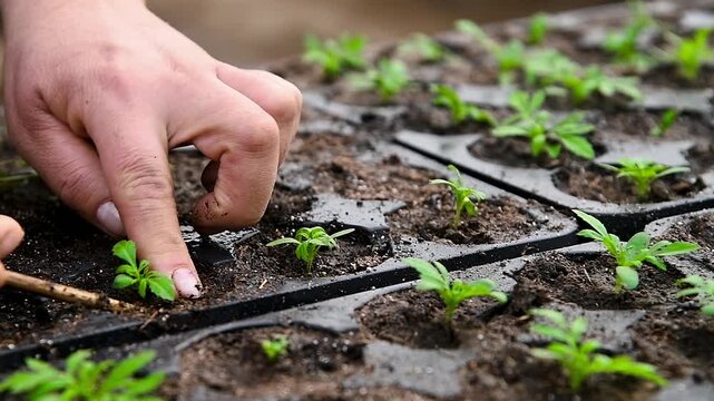 Close-up of human hands with small plants in the process of sowing in the soil in a greenhouse or nursery.