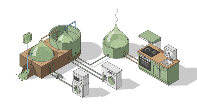 Biogas production system connected to a modern kitchen and laundry.