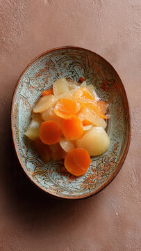 Macro food photography of fresh pickled julienned carrots and daikon radish in an ornate blue and gold ceramic bowl, glistening with vinegar, dramatic side lighting, dark moody background, shallow dep