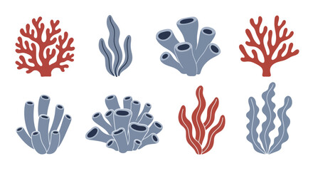 Fototapeta premium Collection of colorful underwater coral reef plants and sea anemones.