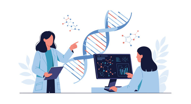 Pair of female scientists in laboratory coats analyze complex genetic data on a computer screen near a large DNA model.