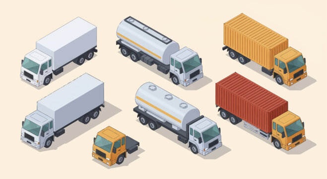 Collection of isometric trucks and delivery vehicles.
