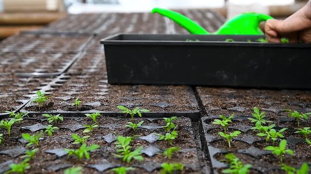 Close-up of human hands with small plants in the process of sowing in the soil in a greenhouse or nursery.