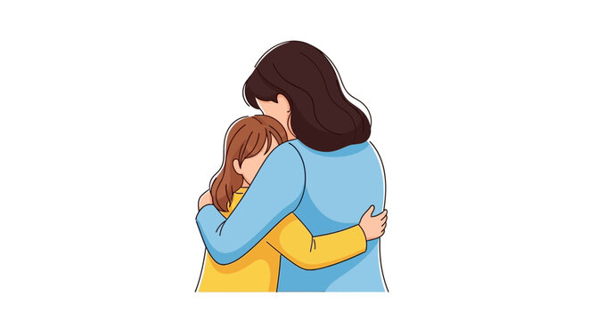 A heartwarming Mother's Day illustration shows a brunette mother embracing her daughter in a loving hug, against a clean white background with soft lighting, conveying a sense of love