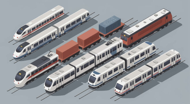 Collection of modern trains and cargo wagons isometric view.