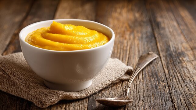 A bowl of mango puree on a rustic wooden table with a spoon