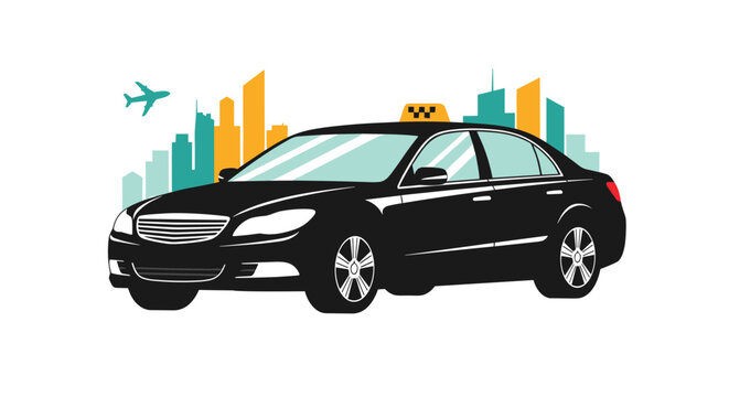 Sleek black sedan taxi with a yellow rooftop sign parked in front of a colorful abstract city skyline with a flying airplane.