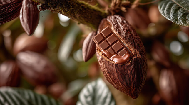 High quality realistic commercial shot showing delightful chocolate bar inside raw cocoa pod on branch, creating tempting natural concept
