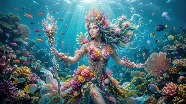 Enchanting mermaid queen adorned with coral and shells in a vibrant underwater kingdom