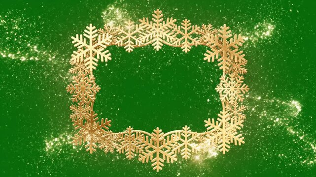 A beautiful golden snowflake frame on a vibrant green background, enhanced with sparkling glitter and magical particles. Perfect for holiday greetings, winter celebrations, and festive events.