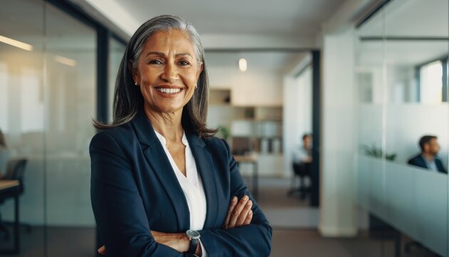 Confident Leader in the Modern Office: A distinguished professional exudes confidence.