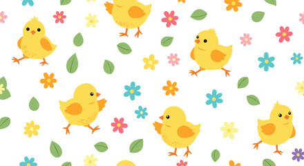 Fototapeta premium Bright and cheerful seamless pattern featuring cute little yellow chicks leaves and small colorful flowers on a white background.