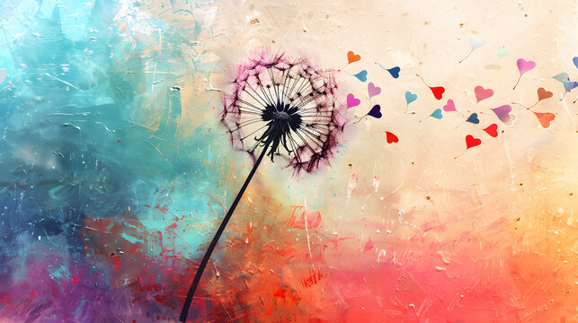 Watercolor dandelion blowing rainbow hearts. LGBTQ love, dreams and hope concept