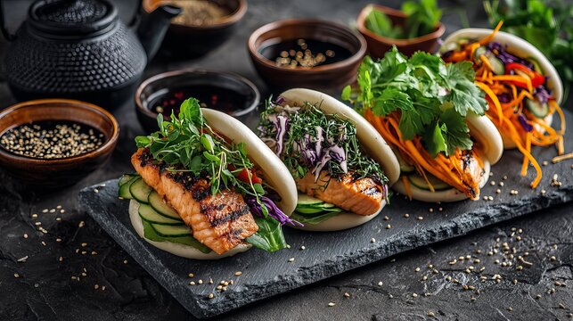 A delicious arrangement of Asian-style steamed buns filled with grilled salmon and vegetables on a slate plate