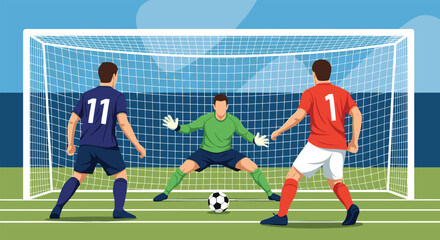 Obraz premium Intense soccer match moment as two opposing players face the goalkeeper who is ready to defend the goal on the field.