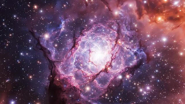 Cinematic deep space nebula with glowing stars vibrant purple and orange cosmic galaxy background majestic interstellar dust clouds in outer space