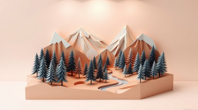 Papercraft mountains, trees, river. Soft lighting creates calm scene. Minimalist design, warm tones dominate composition.